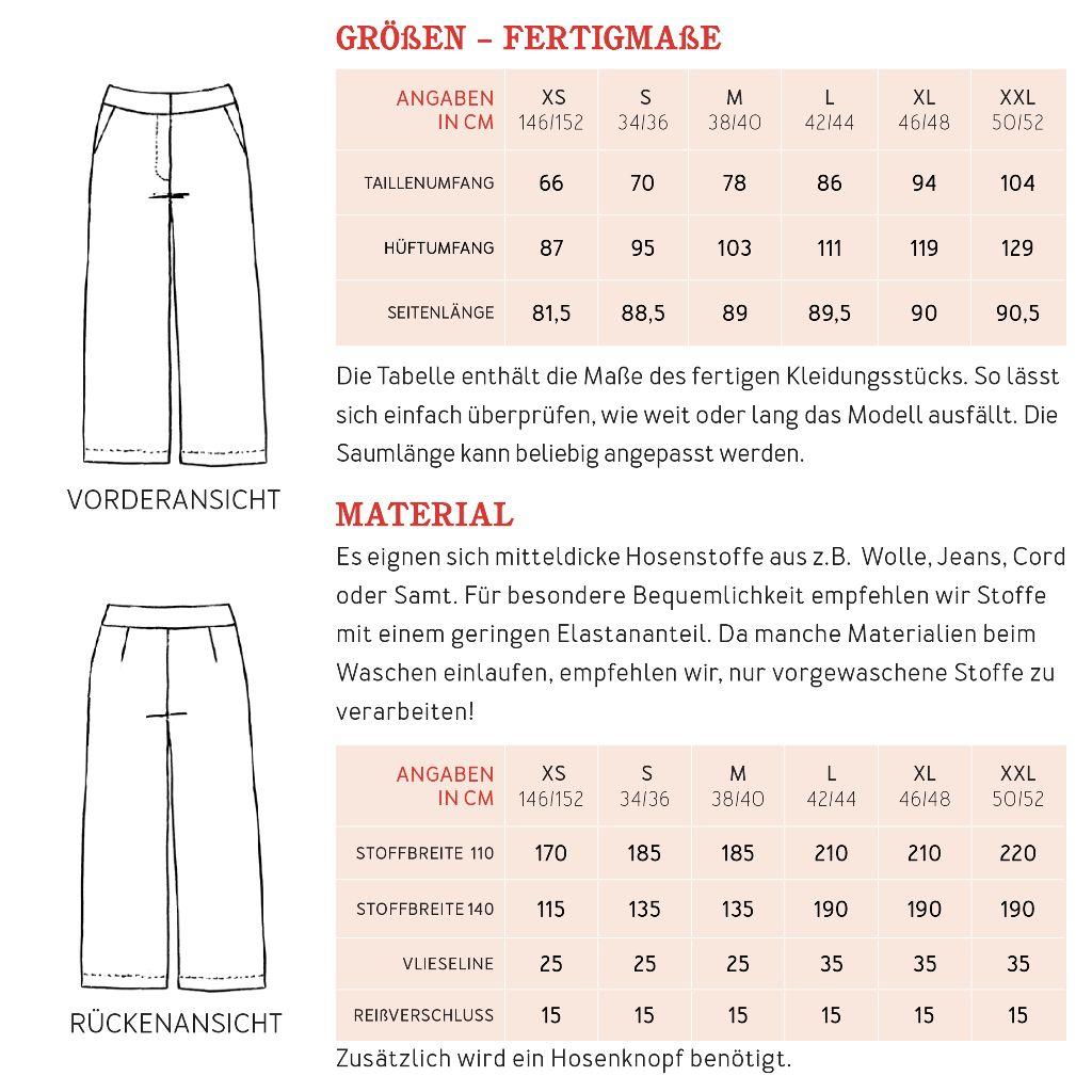 Papierschnittmuster Hose Culotte Frau Ilse XS-XXL